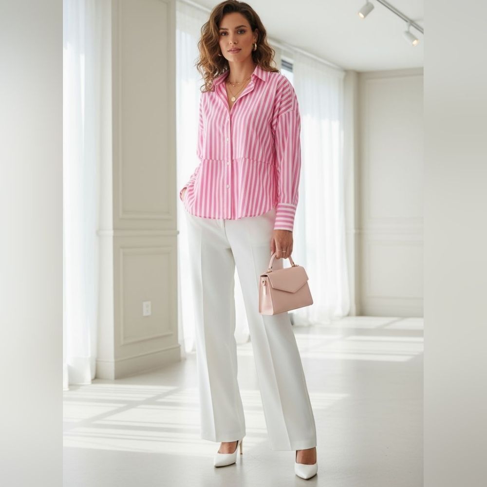 NEW- Striped Print Gigot Sleeve Fold Pleated Detail  Blouse.  Size M - Picture 3 of 7